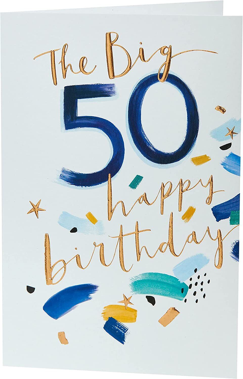 UK Greetings 50th Birthday Card with copper foil details, featuring festive design and celebratory message for milestone occasion.