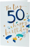 UK Greetings 50th Birthday Card with copper foil details, featuring festive design and celebratory message for milestone occasion.