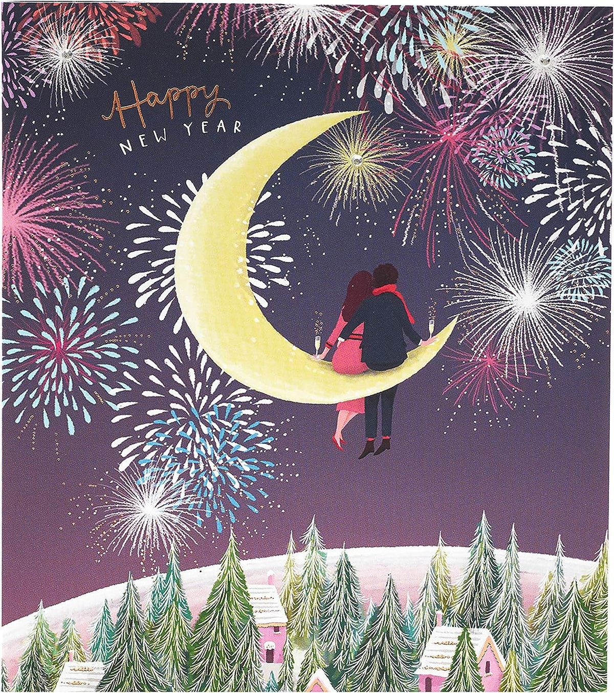 UK Greetings Christmas card featuring a couple sitting on a half moon, celebrating New Year and Christmas together.