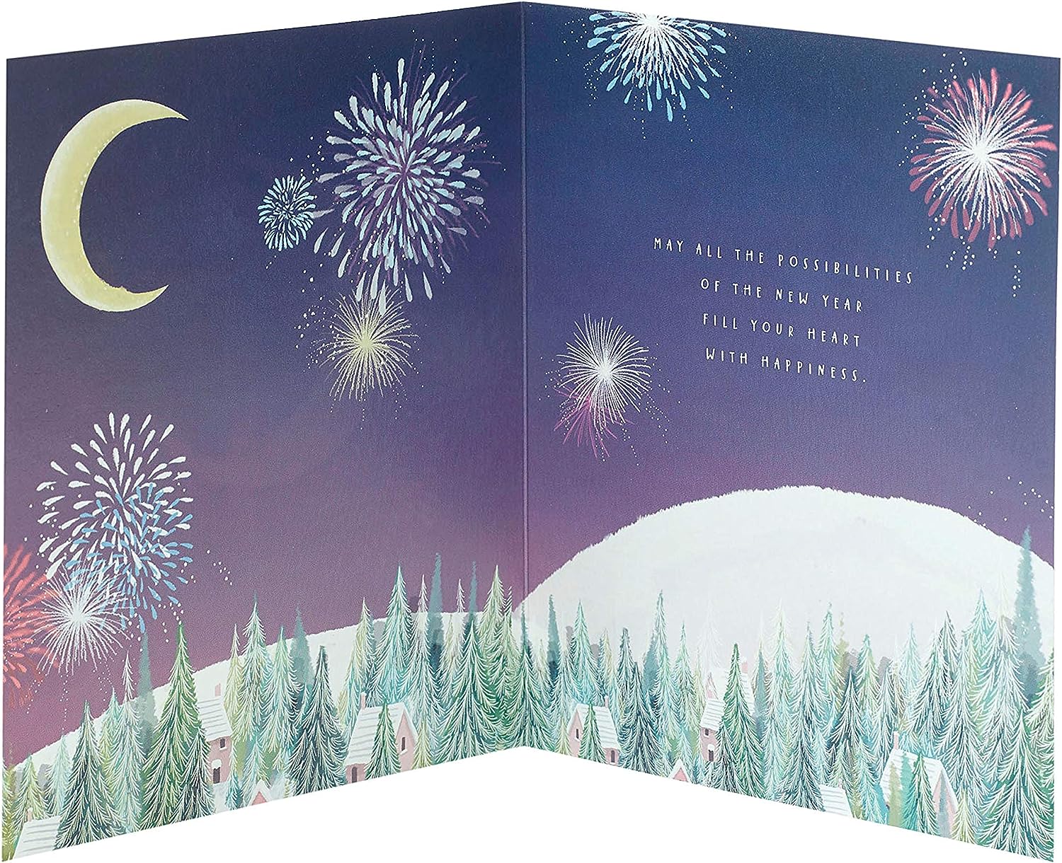 UK Greetings couple sitting on a half moon New Year Christmas greeting card with festive holiday design.