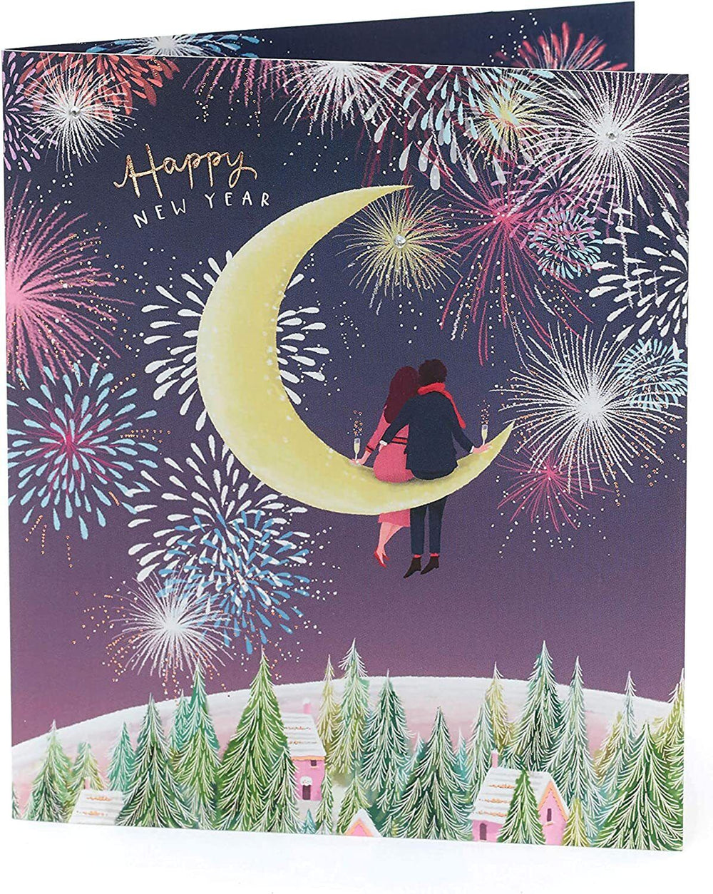 UK Greetings couple sitting on a half moon New Year Christmas greeting card featuring festive holiday design and cheerful scene.