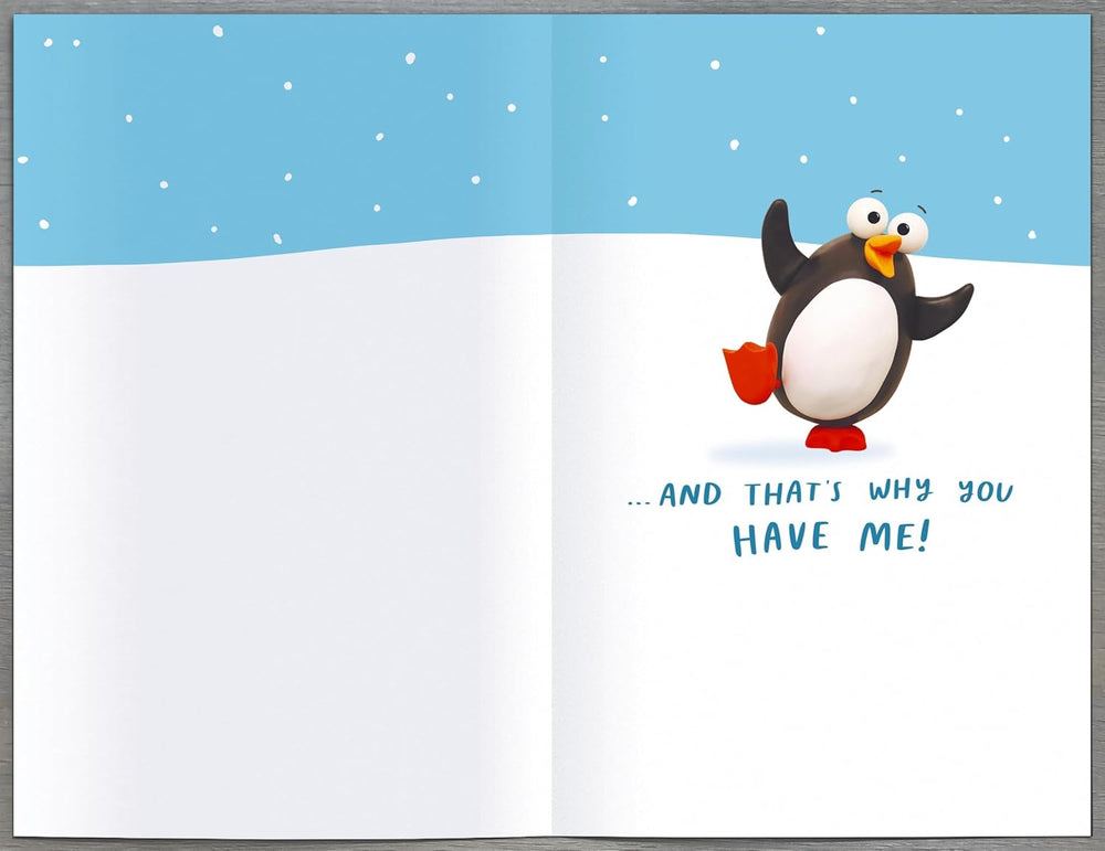 UK Greetings Funny Penguin Christmas Greeting Card featuring crackers for Mum and Dad, with festive holiday design.
