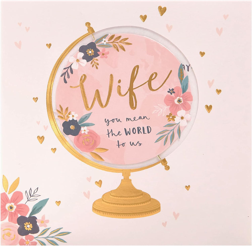 UK Greetings Mother’s Day card featuring a cut-out globe design, perfect for celebrating wives and mothers.