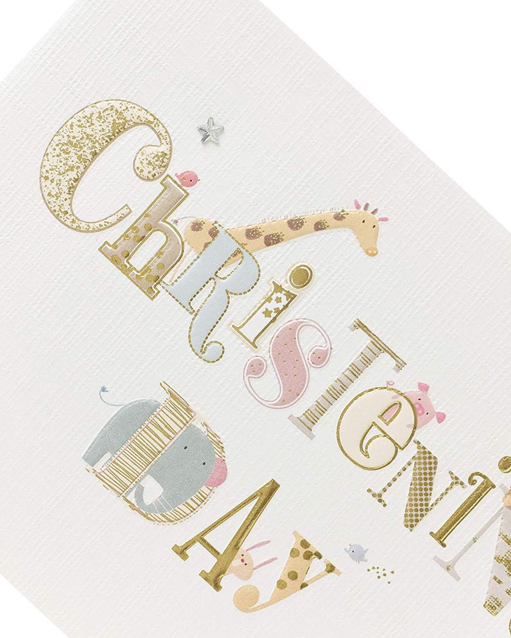 UK Greetings Cute Animals New Baby Christening Card featuring adorable illustrated animals for celebrating a baby's christening.