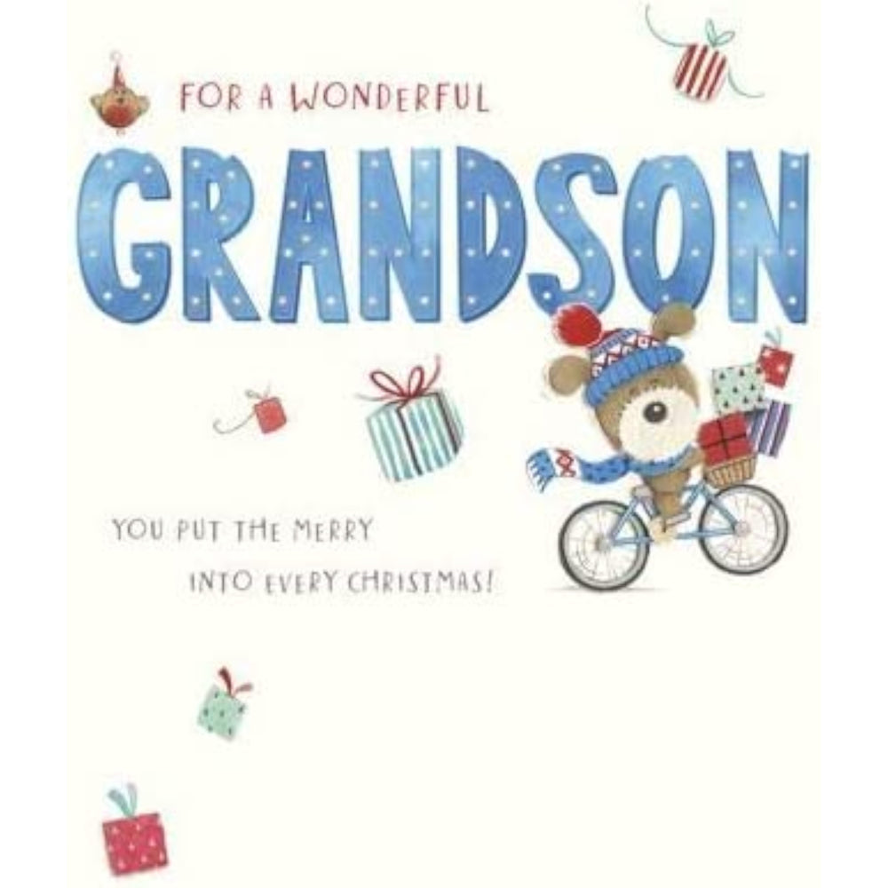 UK Greetings Cute Boofle on bike delivering presents Christmas card, featuring adorable dog character for grandson holiday greeting.