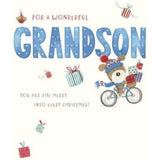 UK Greetings Cute Boofle on bike delivering presents Christmas card, featuring adorable dog character for grandson holiday greeting.