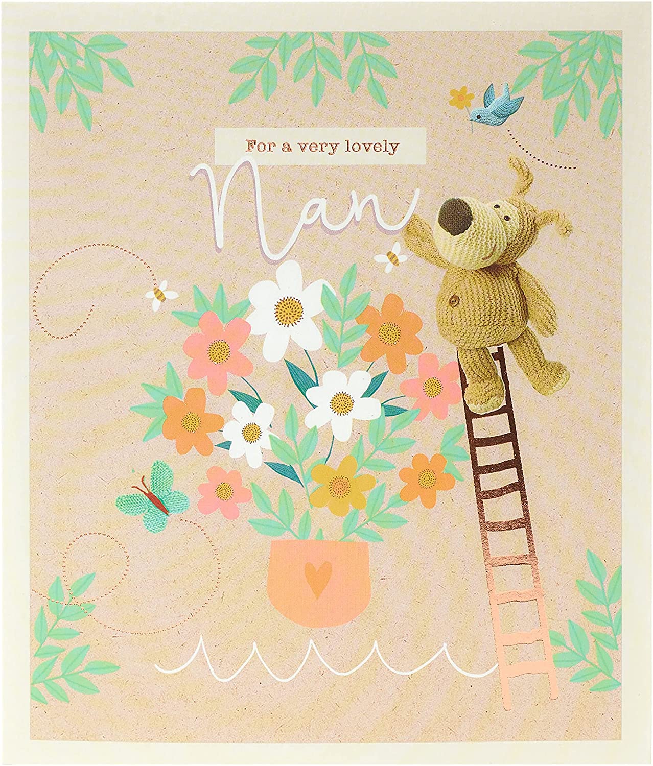 UK Greetings Cute Boofle on Ladder Nan birthday card featuring colorful illustration of Boofle sitting on a ladder.