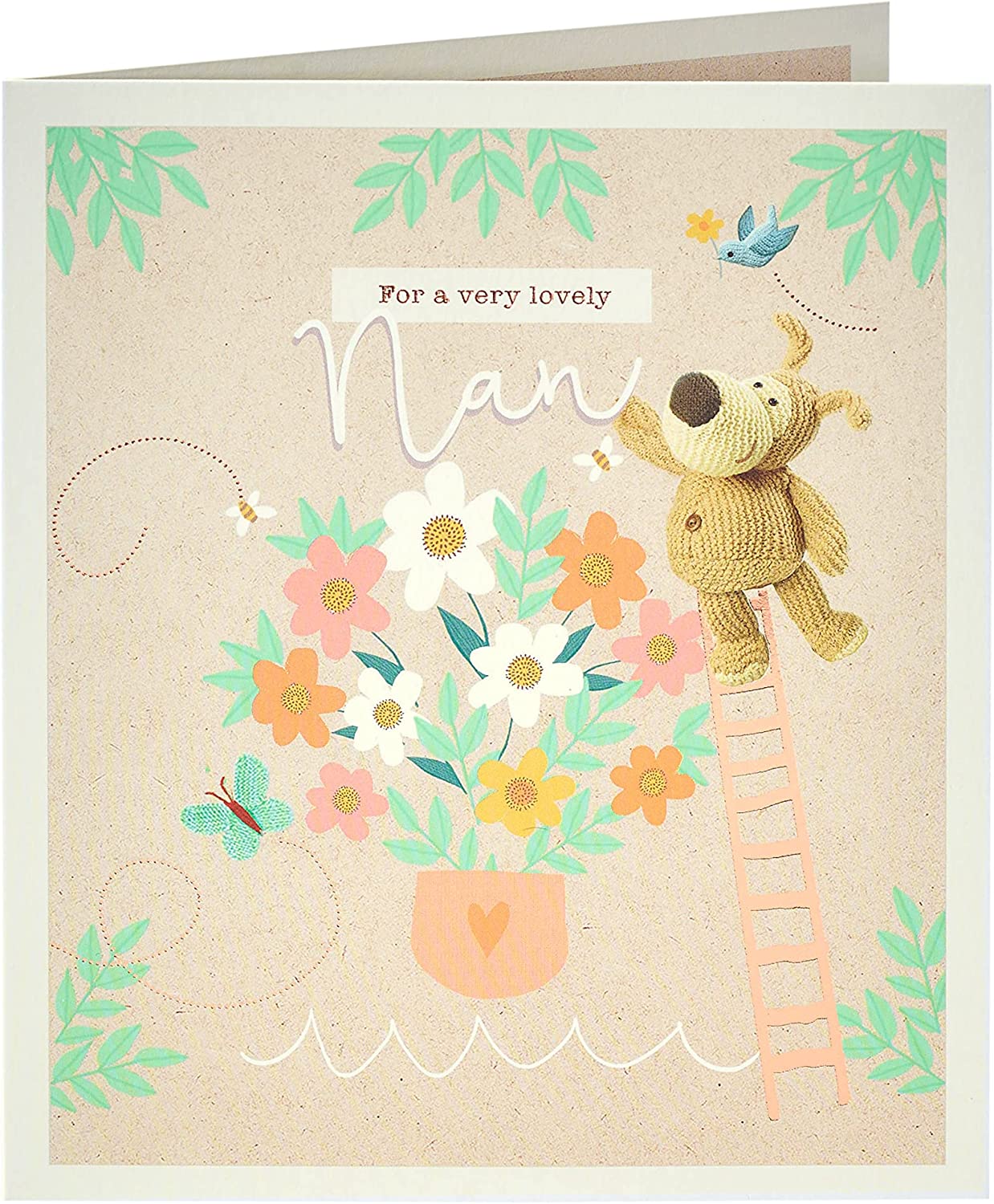UK Greetings cute Boofle on ladder Nan birthday card featuring colorful illustration of Boofle character on ladder.