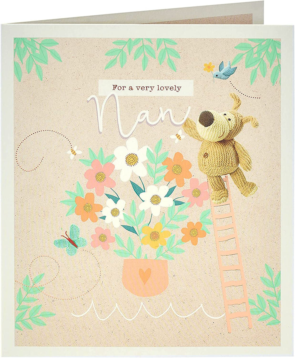 UK Greetings cute Boofle on ladder Nan birthday card featuring colorful illustration of Boofle character on ladder.