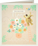 UK Greetings cute Boofle on ladder Nan birthday card featuring colorful illustration of Boofle character on ladder.