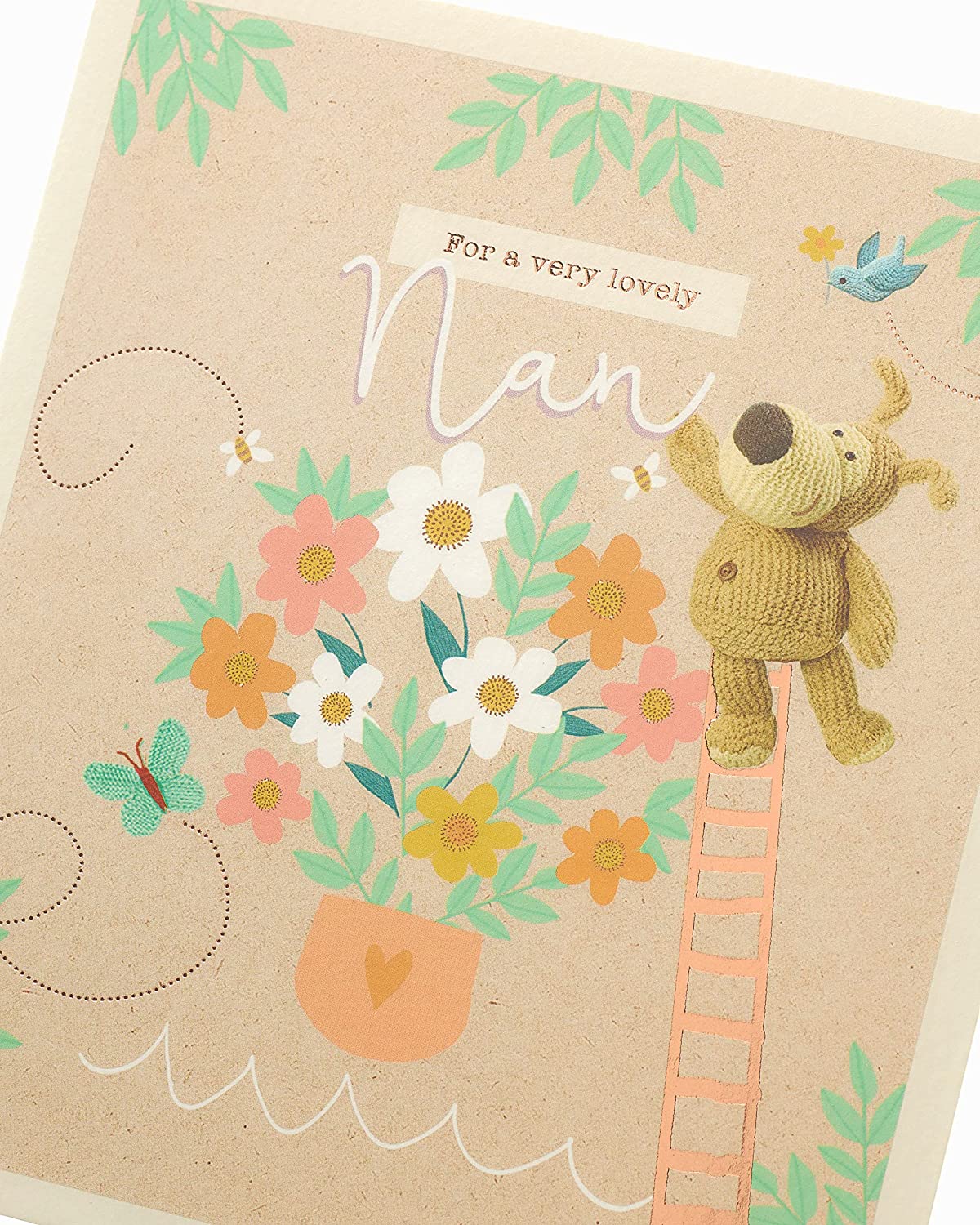 UK Greetings Boofle on Ladder Nan birthday card featuring a cute cartoon Boofle character holding a ladder.