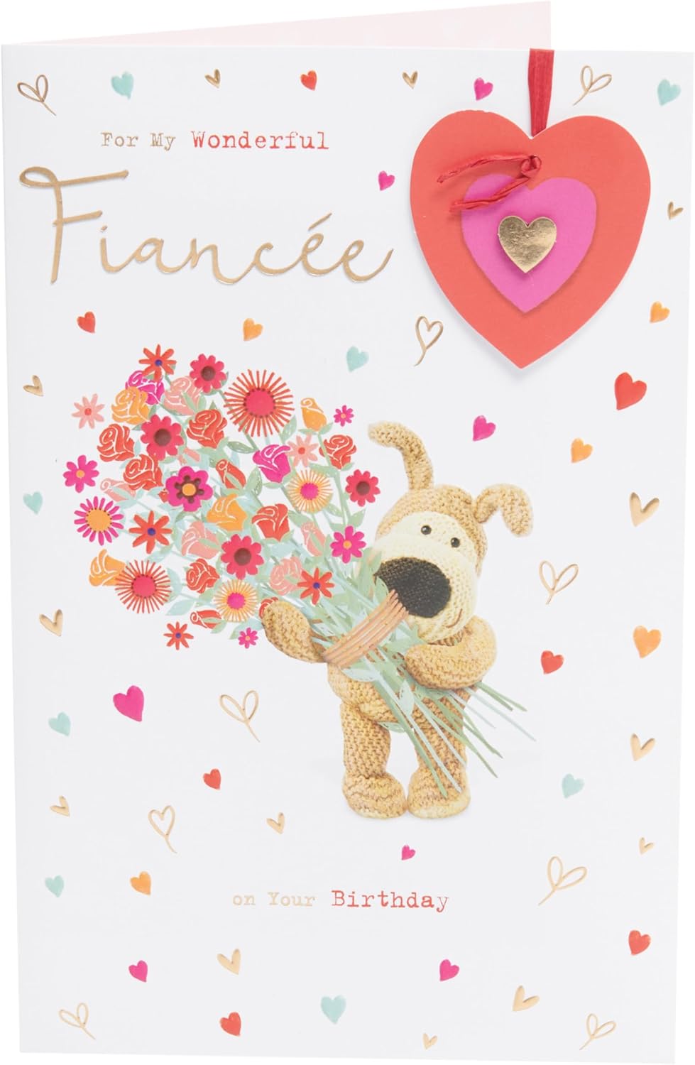 UK Greetings Boofle fiancée birthday card featuring a cute design with colorful illustrations and festive elements.