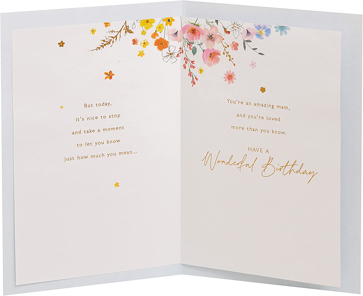UK Greetings Mam birthday card featuring watercolour floral hearts and cute design, perfect for celebrating special occasions.