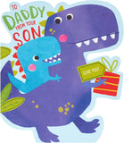 UK Greetings cute dinosaur Father's Day card for dad from son, featuring colorful dinosaur illustration and heartfelt message.