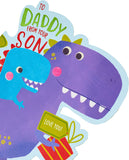 UK Greetings cute dinosaur Father's Day card for dad from son, featuring colorful dinosaur illustration and heartfelt message.