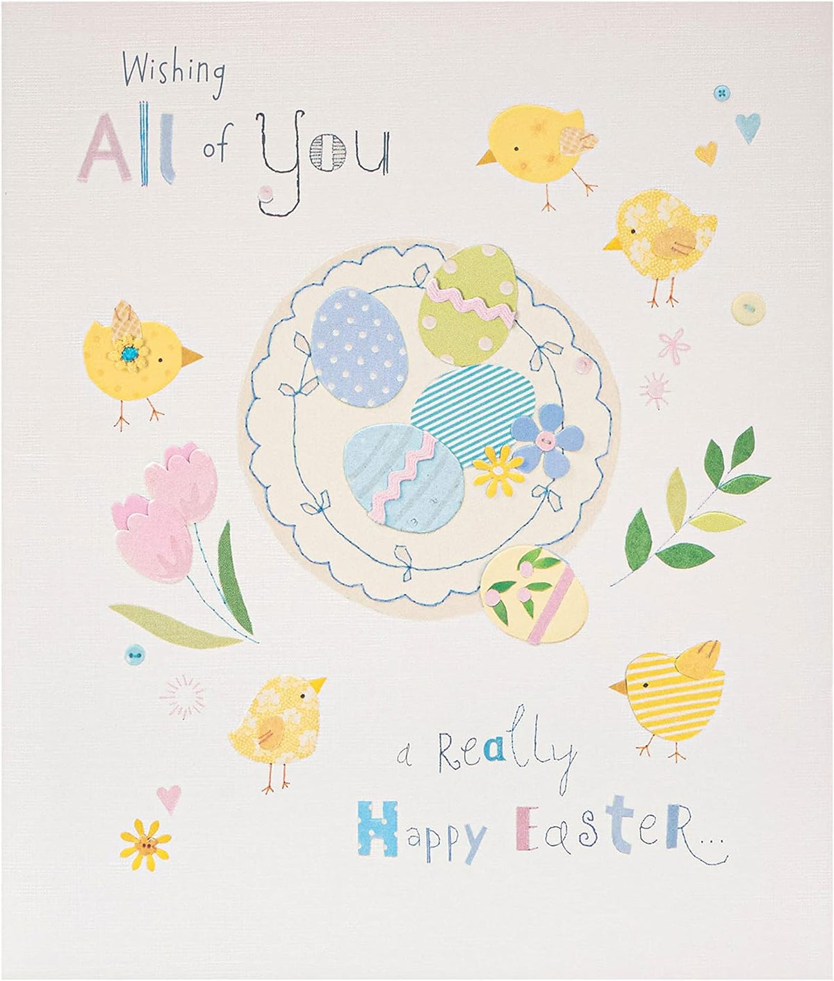 UK Greetings cute Easter card featuring colorful chicks and festive design, measuring 159 x 184mm for celebrating Easter.