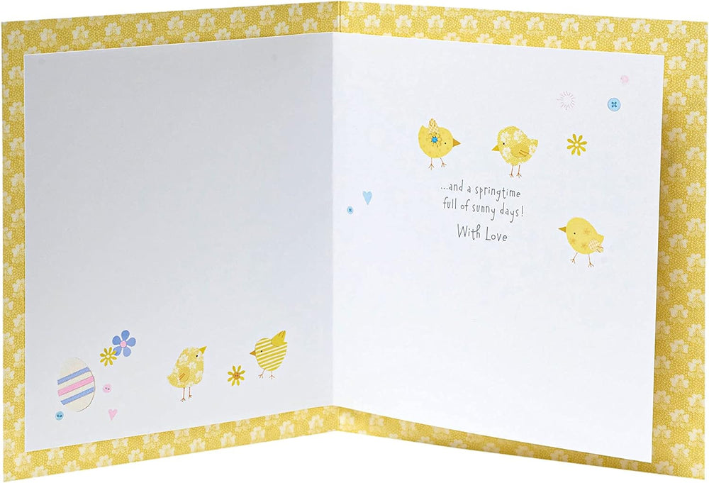 UK Greetings cute Easter card featuring colorful chicks and festive designs, measuring 159 x 184mm.