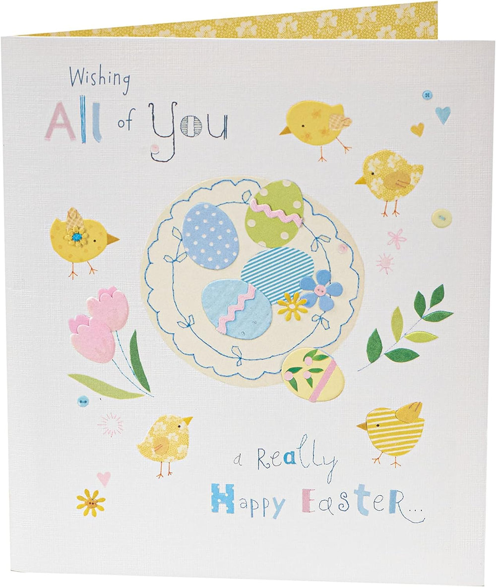 UK Greetings cute Easter card featuring colorful chicks and festive design, measuring 159 x 184mm, ideal for celebrating Easter.