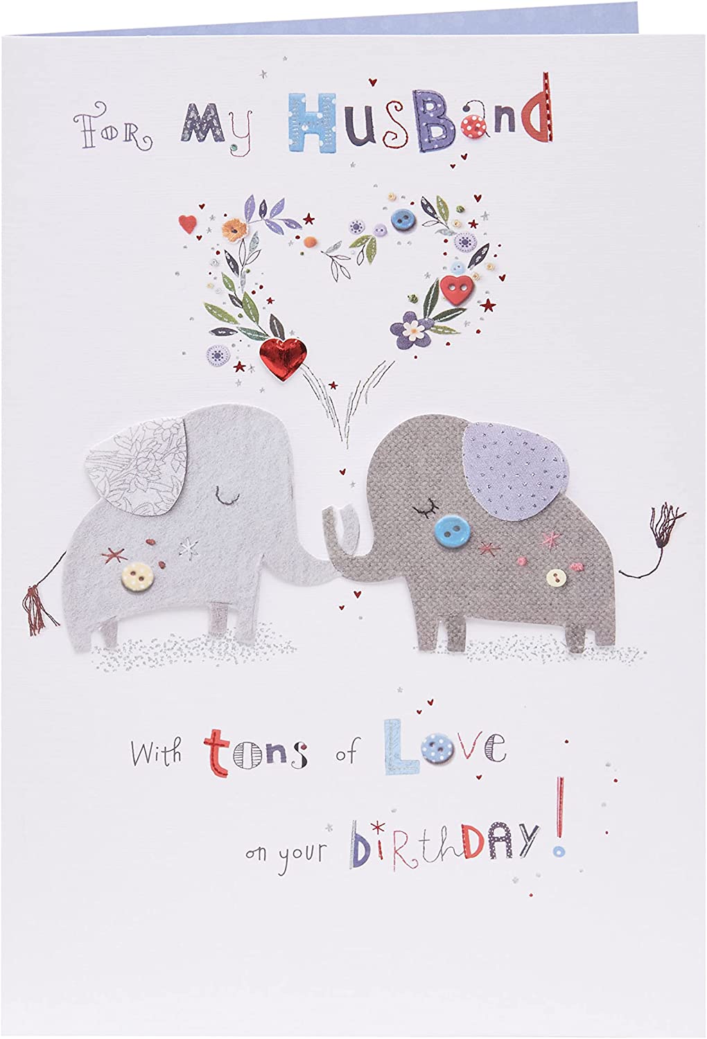UK Greetings cute elephant husband birthday card with colorful "Tons of Love" design, perfect for celebrating special occasions.