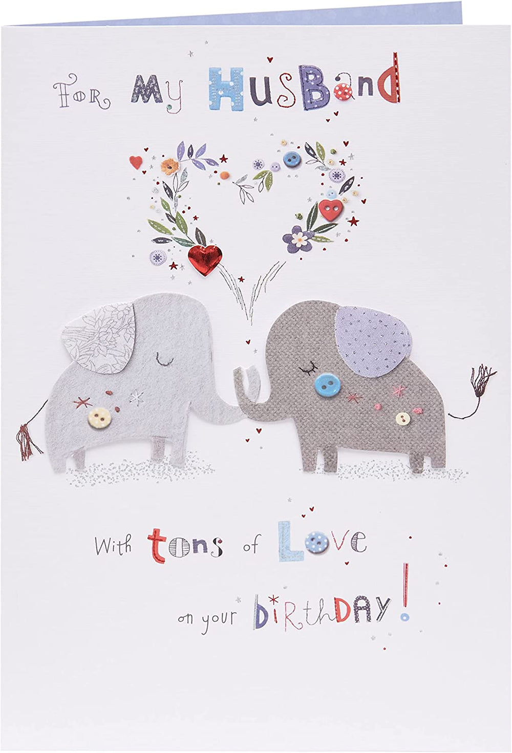 UK Greetings cute elephant husband birthday card with colorful "Tons of Love" design, perfect for celebrating special occasions.