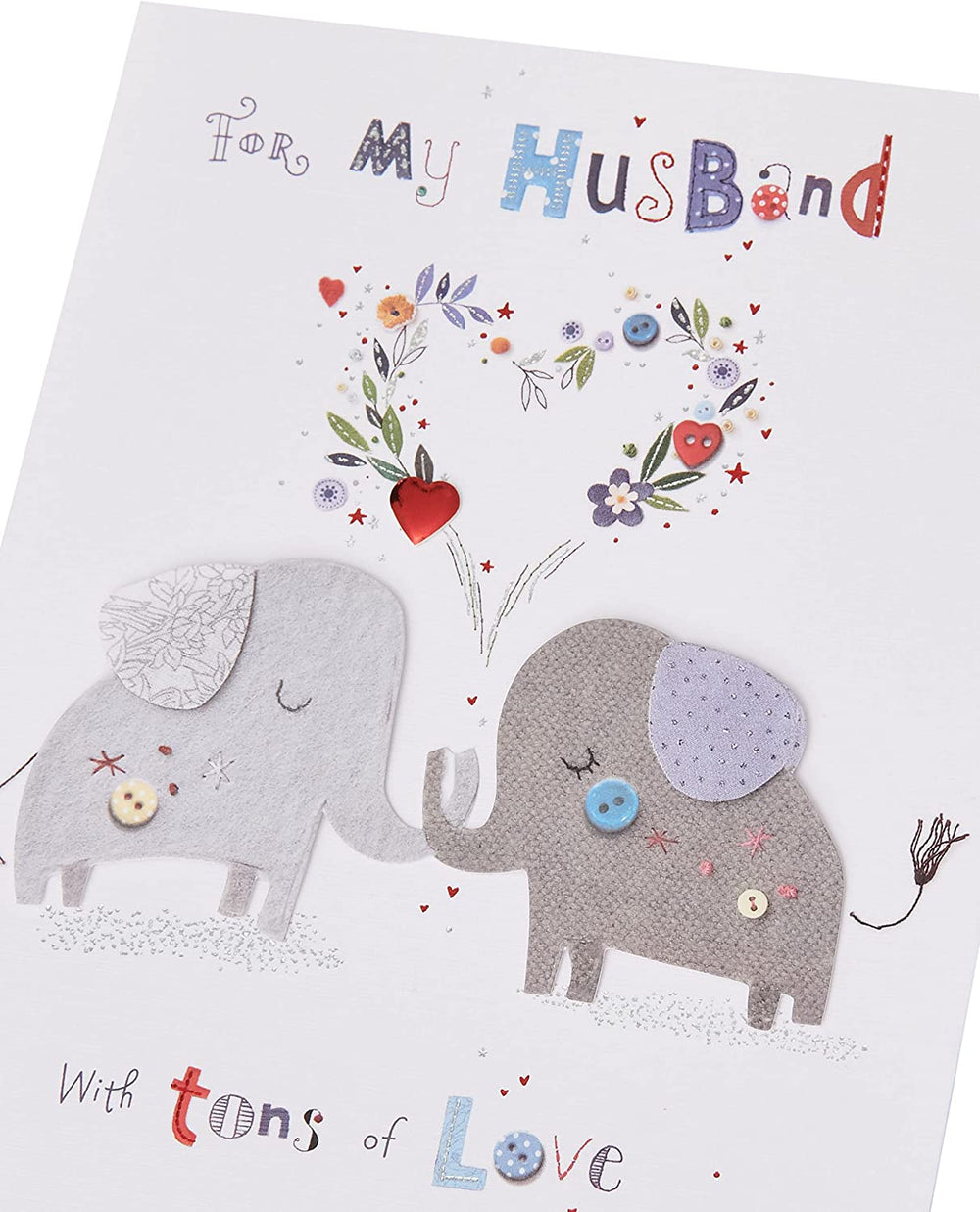 UK Greetings cute elephant husband birthday greeting card with "Tons of Love" design, ideal for celebrating special occasions.