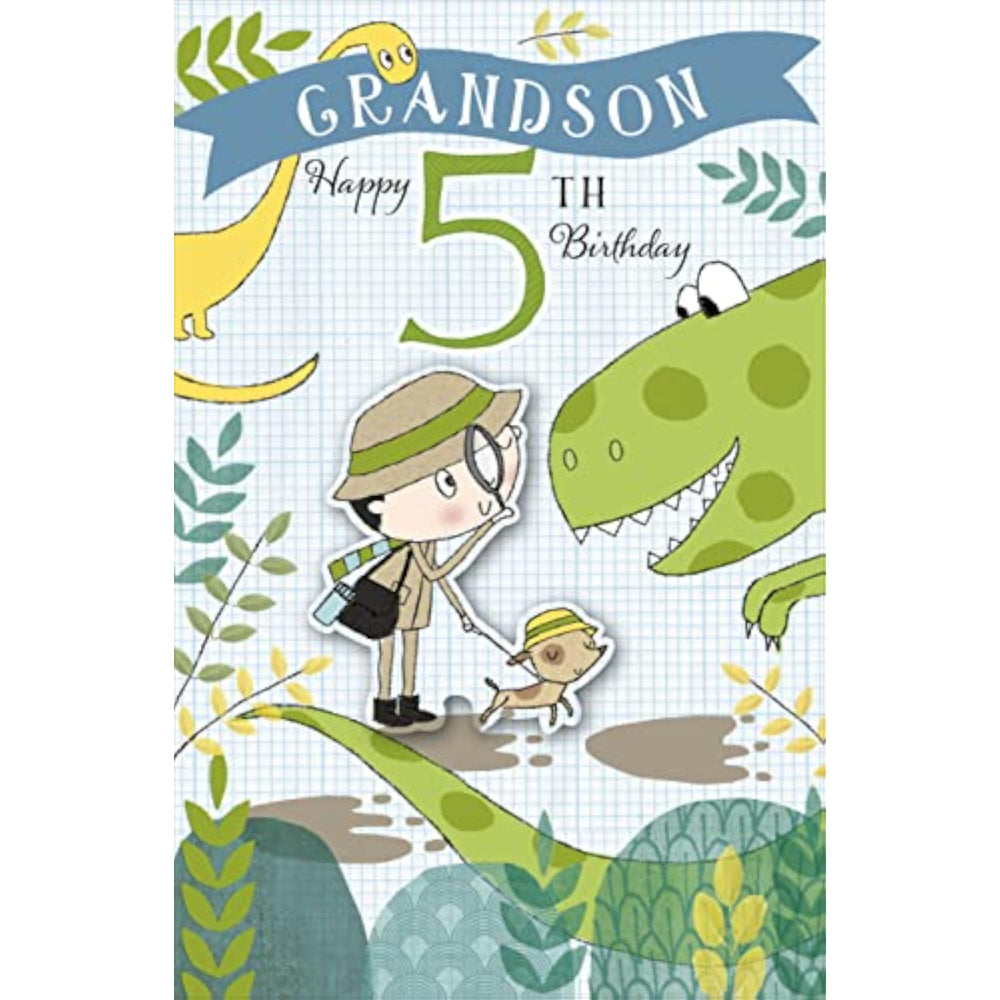 UK Greetings cute explorer and dinosaur design birthday card for grandson, featuring colorful illustrations for a 5th birthday.