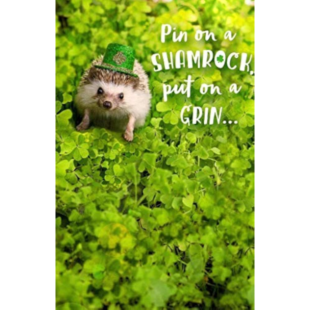 UK Greetings cute hedgehog St. Patrick's Day greeting card with festive green accents and cheerful design.