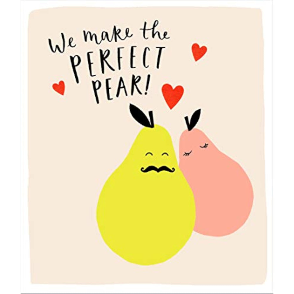 UK Greetings cute perfect pear joke Valentine's Day card featuring a colorful, playful design with a pear illustration and cheerful message.