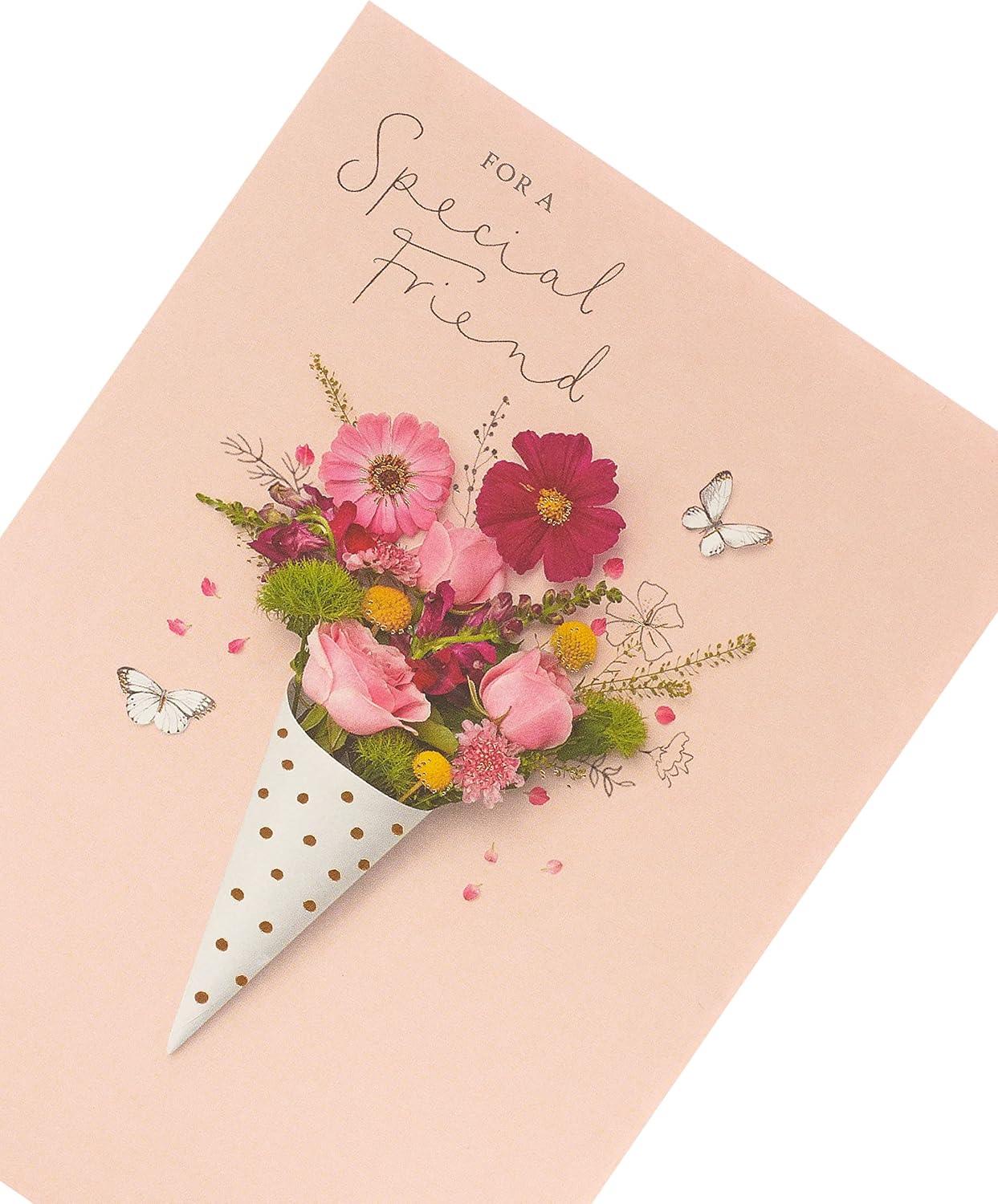 UK Greetings cute birthday card featuring a photographic floral design and colorful floral illustrations.