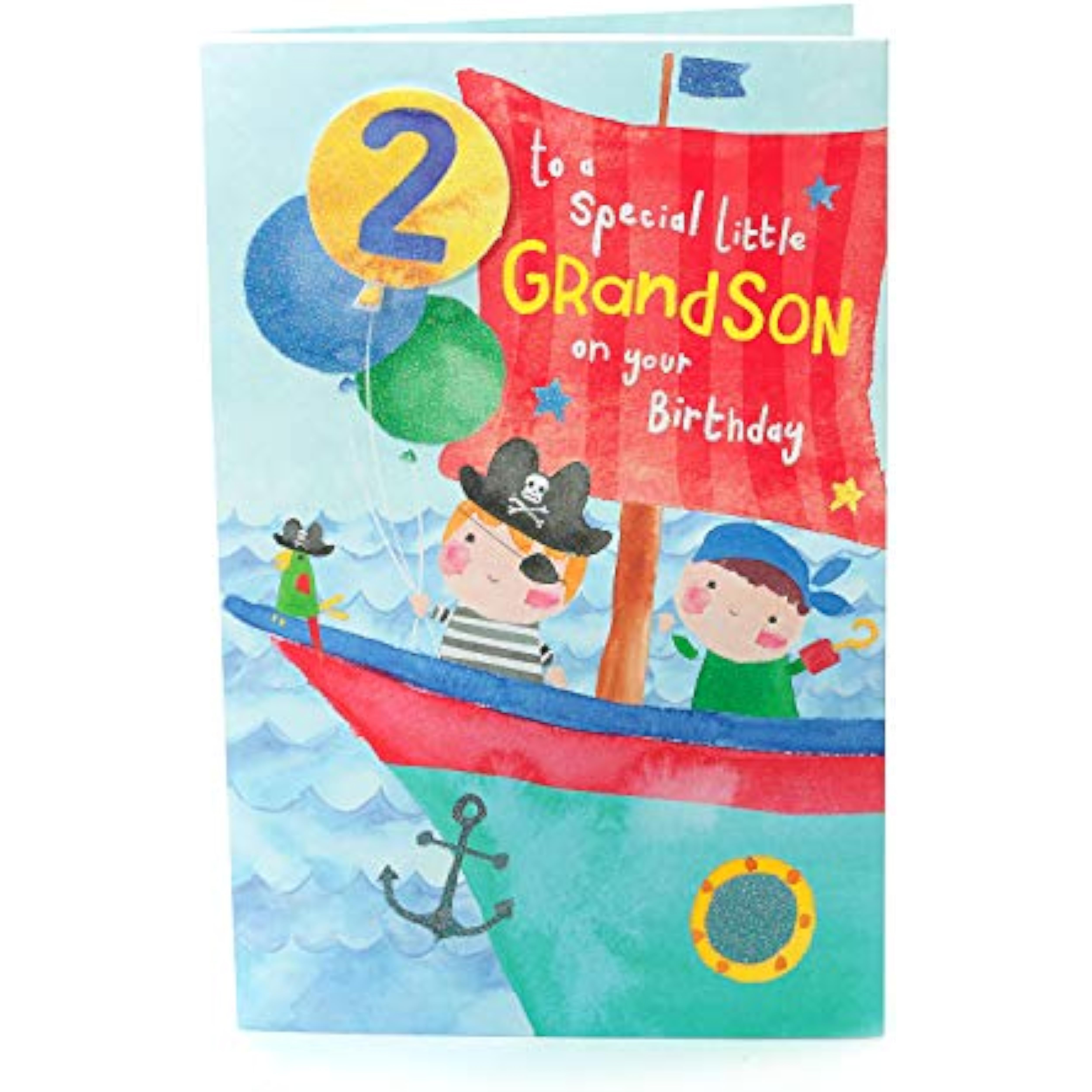 UK Greetings cute pirate design greeting card for grandson's 2nd birthday, featuring colorful pirate-themed artwork.