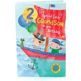 UK Greetings cute pirate design greeting card for grandson's 2nd birthday, featuring colorful pirate-themed artwork.