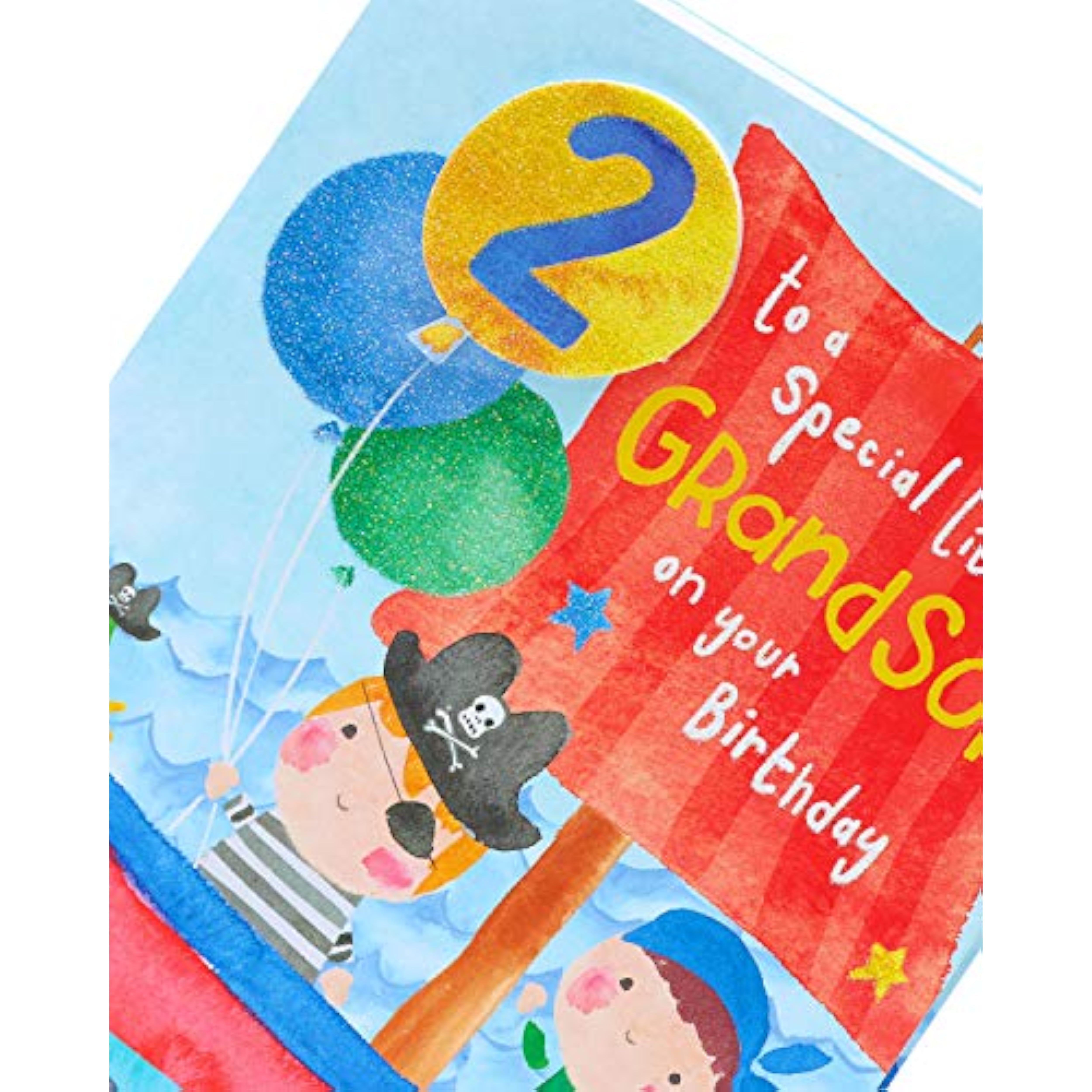 UK Greetings Cute Pirate Design Grandson 2nd Birthday Card featuring colorful pirate illustration and cheerful birthday message.
