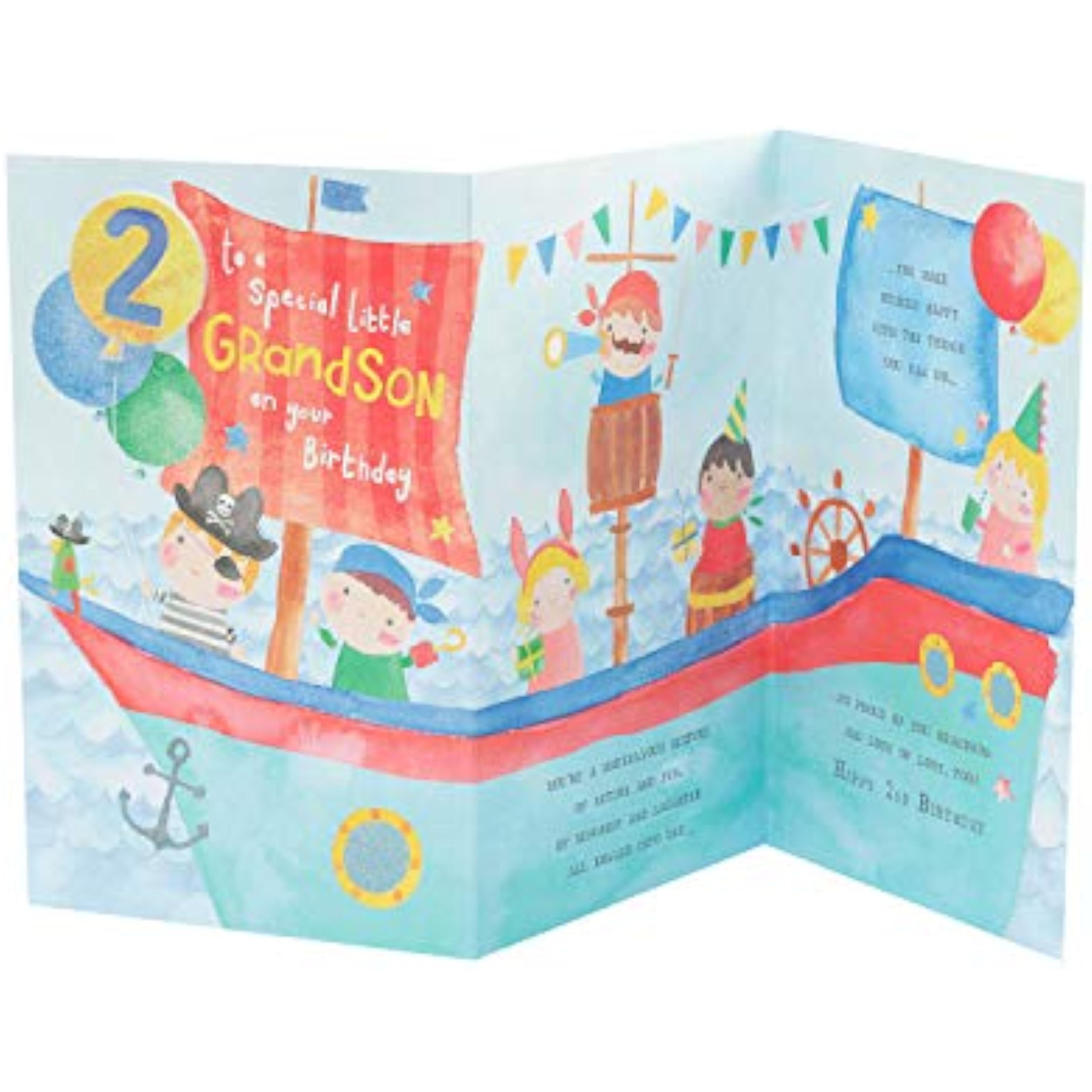 UK Greetings cute pirate design birthday card for grandson, featuring colorful pirate illustration for 2nd birthday celebration.