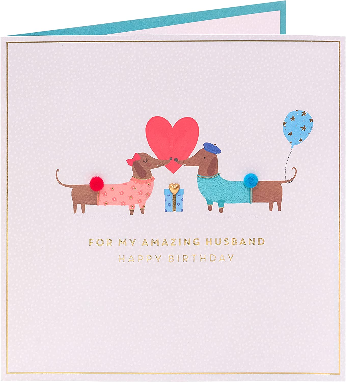 UK Greetings cute sausage dog design husband birthday greeting card with adorable dog illustration on front.