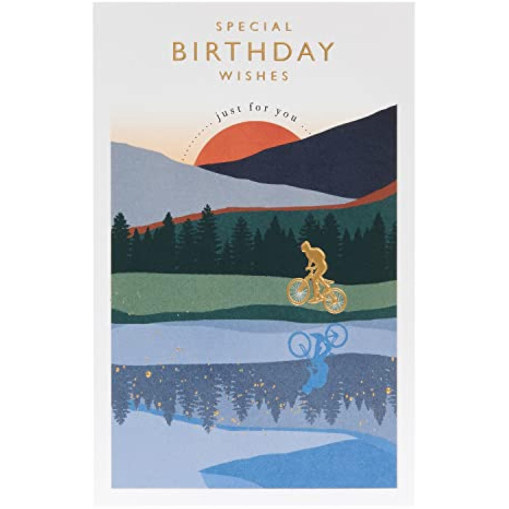 UK Greetings cyclist and sunset birthday card featuring vibrant sunset scene and cyclist illustration, perfect for celebrating birthdays.