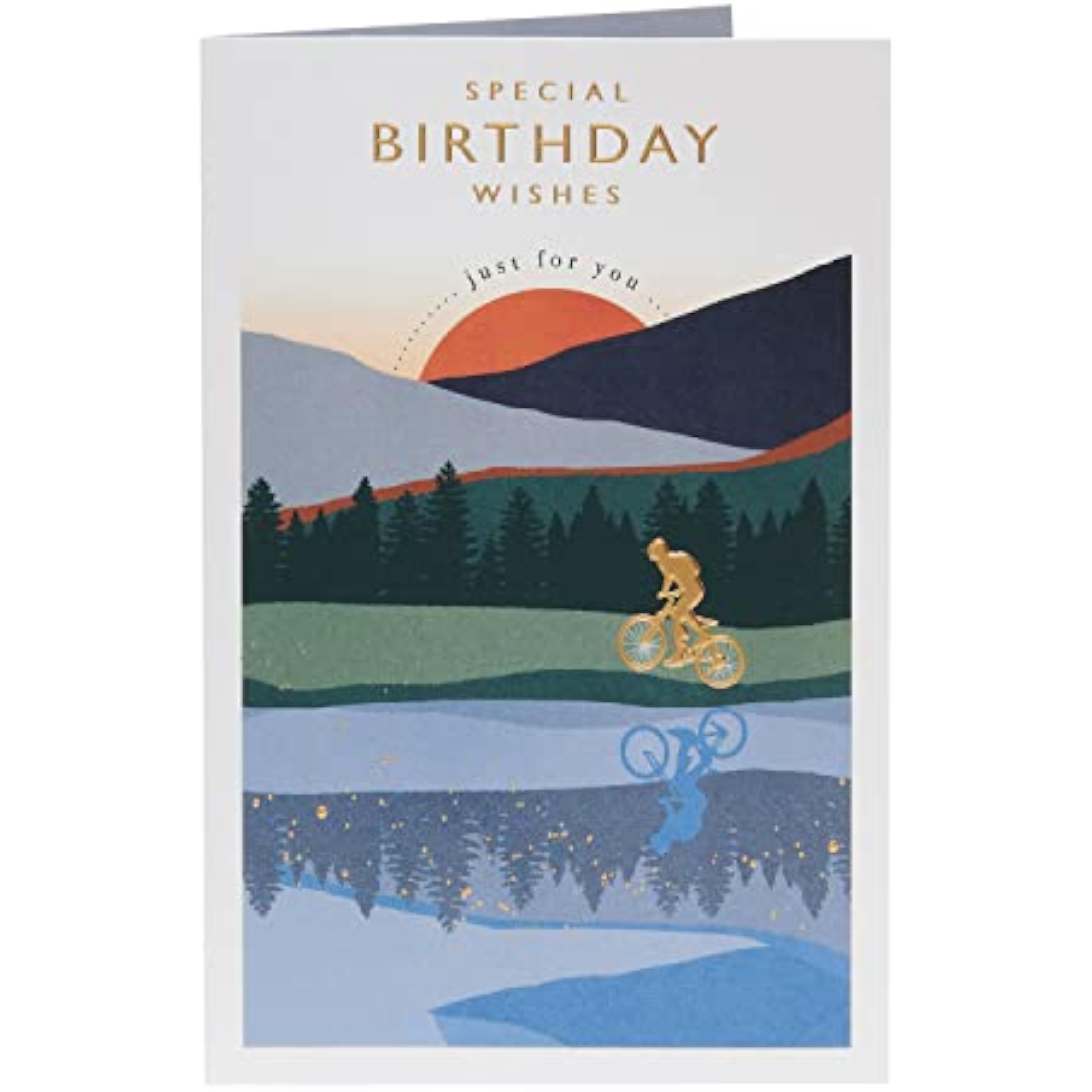 UK Greetings cyclist and sunset birthday card featuring vibrant sunset background and cycling silhouette design.