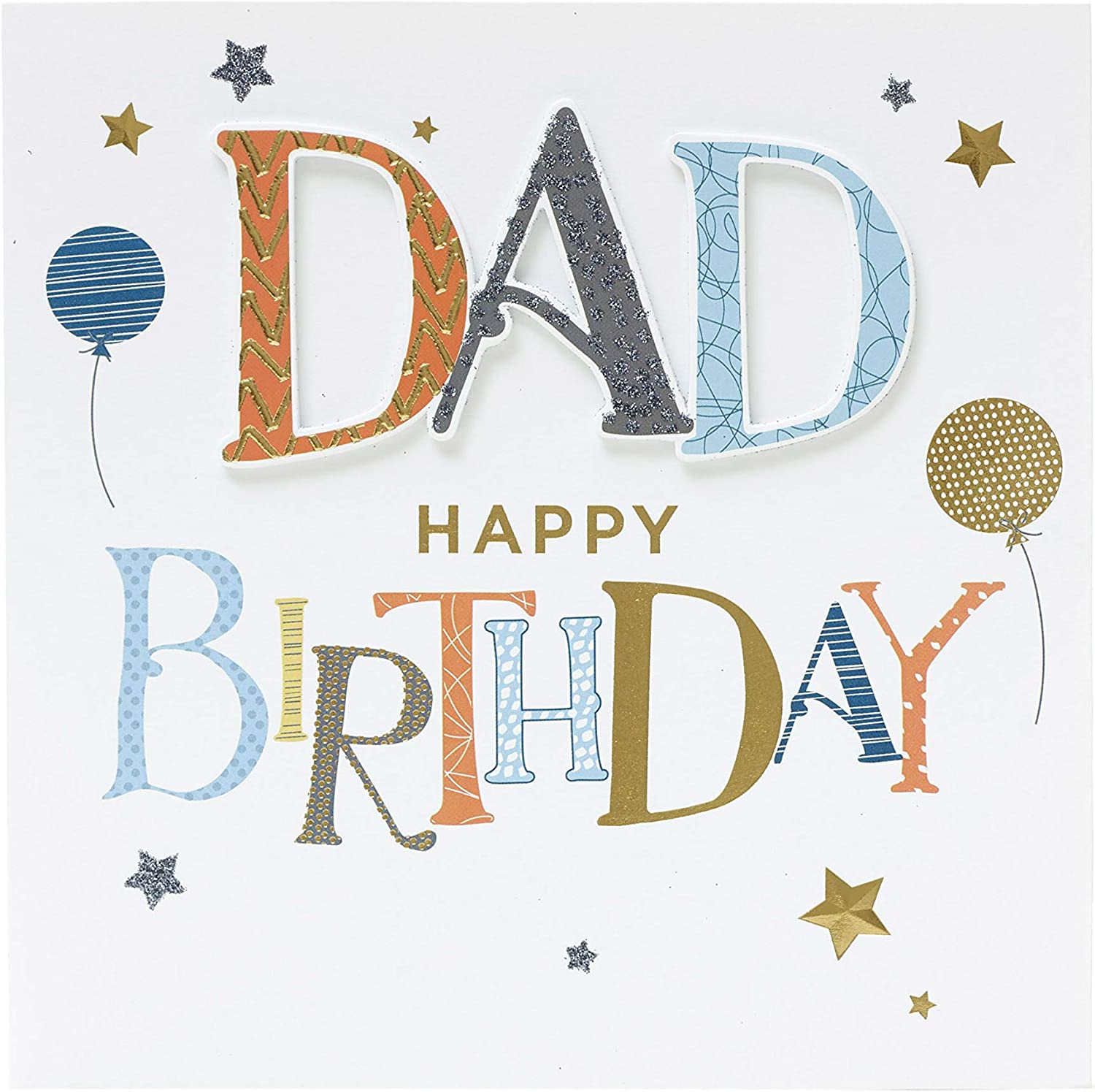 UK Greetings Dad birthday card with colorful balloons, featuring cheerful design and heartfelt message for celebrating dads.