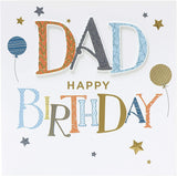 UK Greetings Dad birthday card with colorful balloons, featuring cheerful design and heartfelt message for celebrating dads.