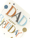 UK Greetings Dad birthday greeting card featuring colorful balloons and cheerful design for celebrating special occasions.