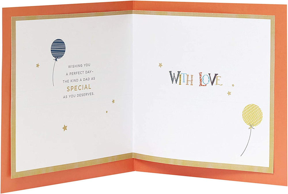 UK Greetings Dad birthday card with colorful balloons, featuring cheerful design for celebrating dad's special day.