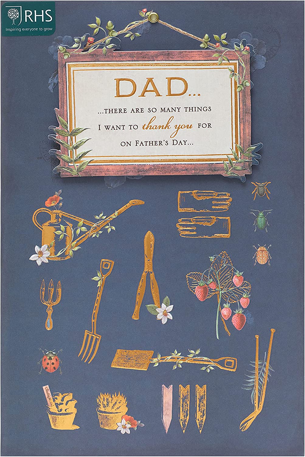 UK Greetings Father's Day card featuring gardening icons, perfect for dads who love gardening or outdoor activities.