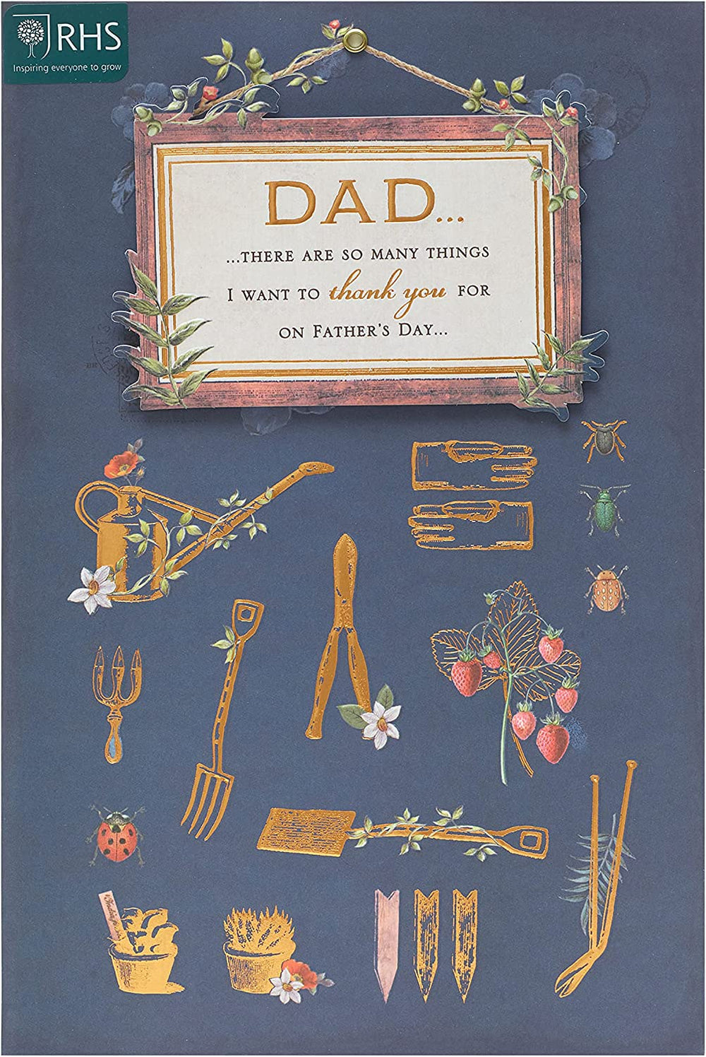 UK Greetings Father's Day card featuring gardening icons, perfect for dads who love gardening or outdoor activities.