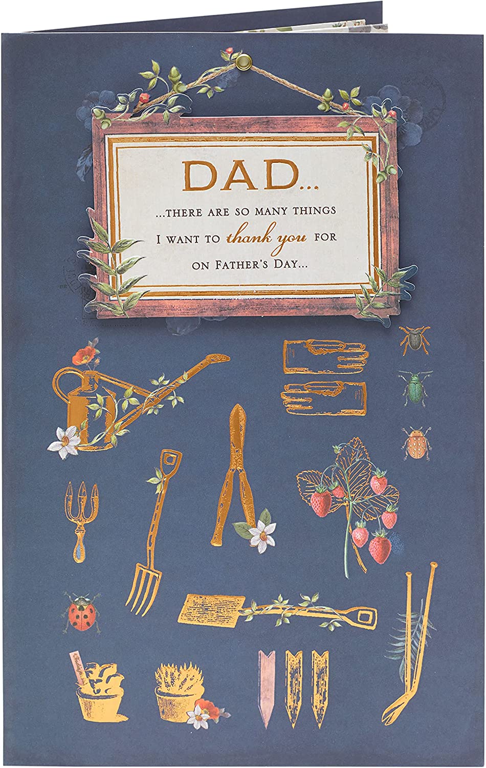 UK Greetings Father's Day card featuring gardening icons, ideal for celebrating dads who love gardening and outdoor activities.