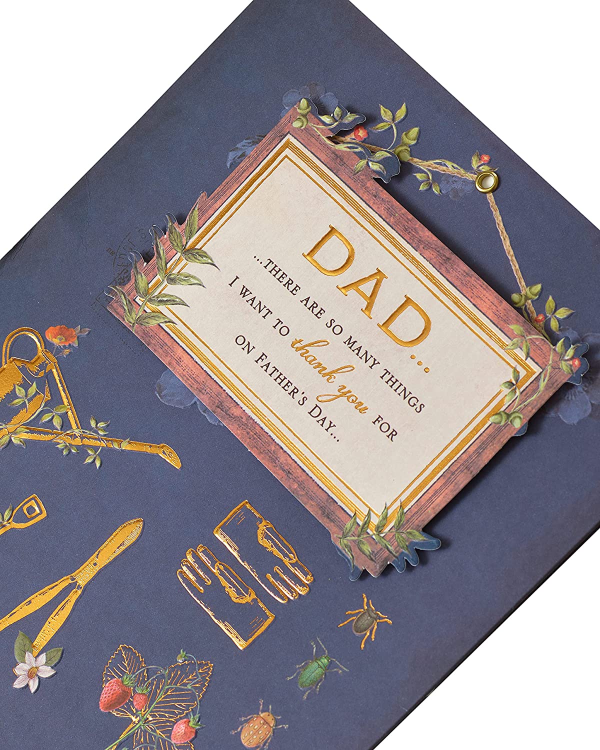UK Greetings Dad Gardening Icons Father's Day Card featuring colorful gardening-themed illustrations on a greeting card.