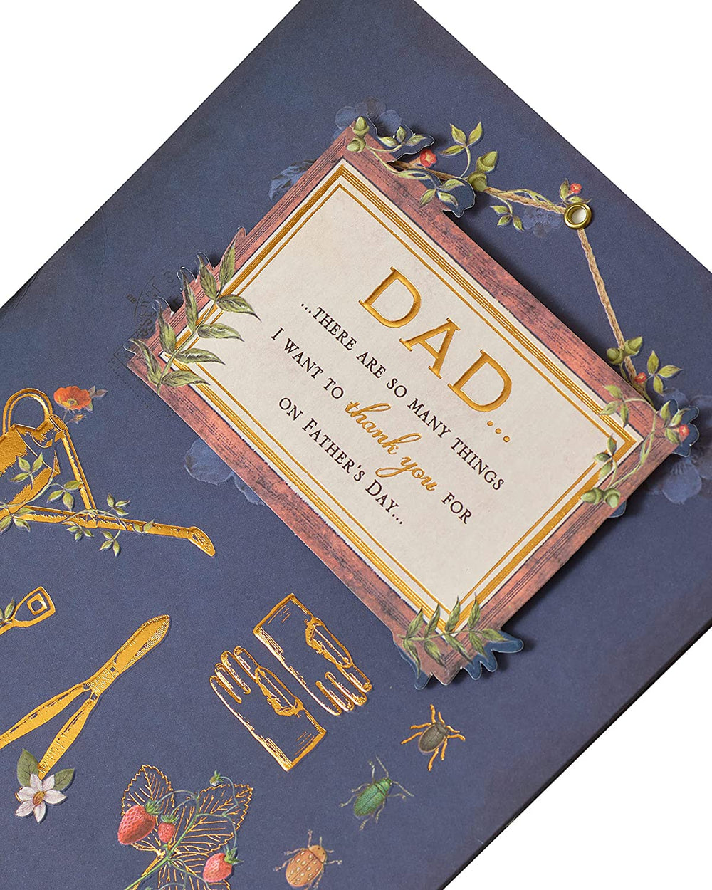 UK Greetings Dad Gardening Icons Father's Day Card featuring colorful gardening-themed illustrations on a greeting card.