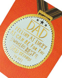 UK Greetings Dad Gold Medal Father's Day Card featuring a gold medal design and heartfelt message for celebrating dads.