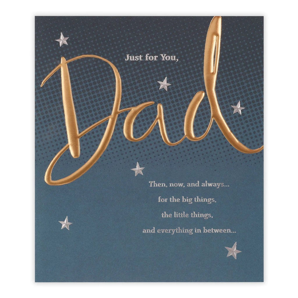 UK Greetings Father's Day card with gold "Dad" text, featuring a greeting card design for Father's Day celebration.