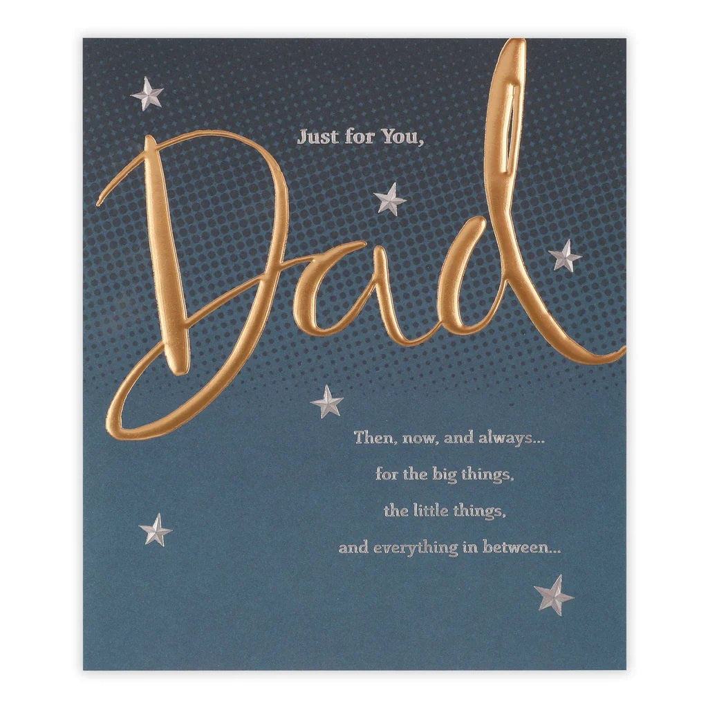UK Greetings Father's Day card with gold "Dad" text, featuring a greeting card design for Father's Day celebration.