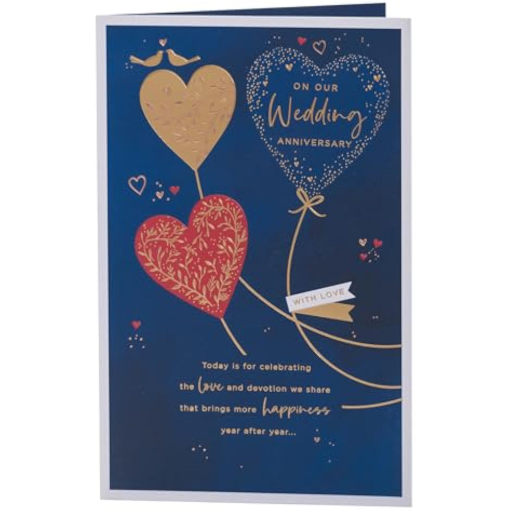 Dark blue wedding anniversary greeting card by UK Greetings featuring elegant design and floral accents.