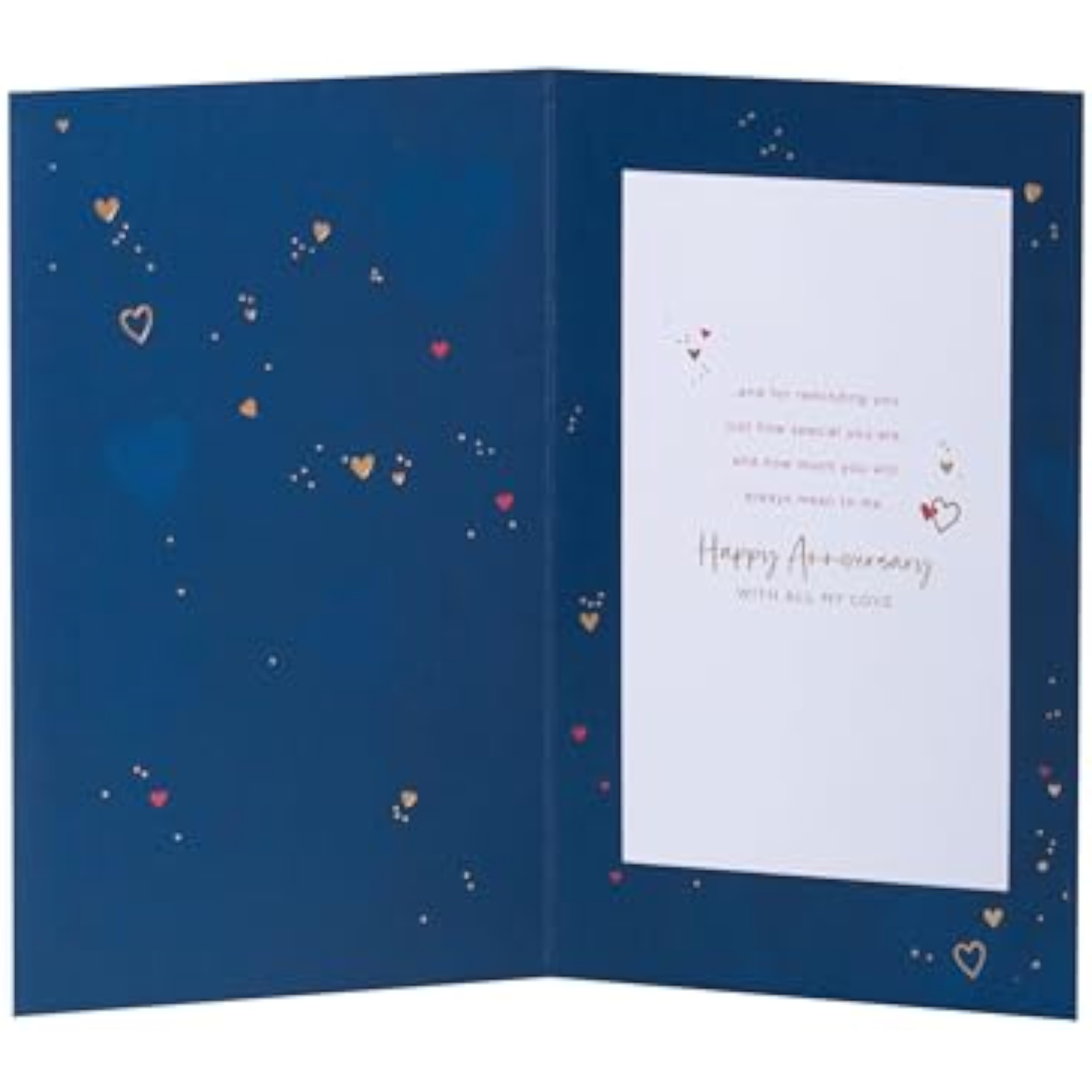 Dark blue wedding anniversary greeting card by UK Greetings, featuring elegant design and heartfelt message inside.